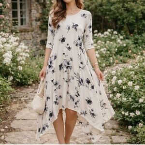 Annabelle NWT Soft Romantic Floral Midi Dress Cream Asymmetrical Hem Flowy